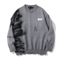 American High Street Design Graffiti Round Neck Sweater Men's Ins Brand Retro Lazy Wind Hole Sweater Street Trend Loose Pullover 1
