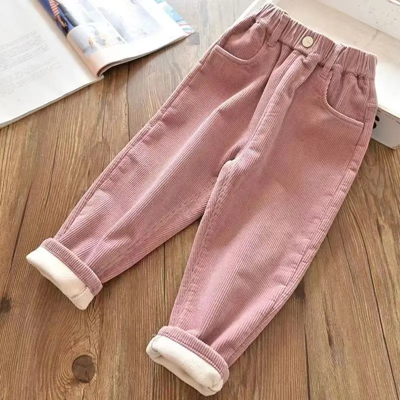Autumn Winter Corduroy Solid Plus Velvet Kids Pants Harajuku Thick Cute All Match High Waist Fashion kids pants