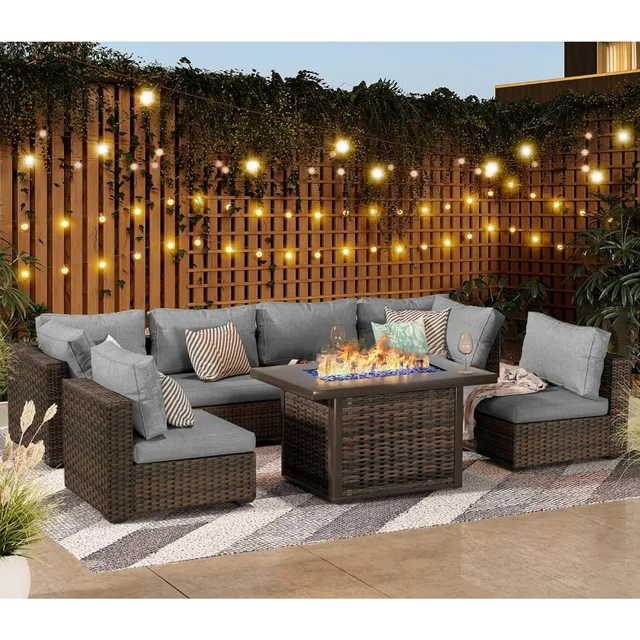 Brown Rattan Furniture Garden Corner Sofa And Fire Pit Patio