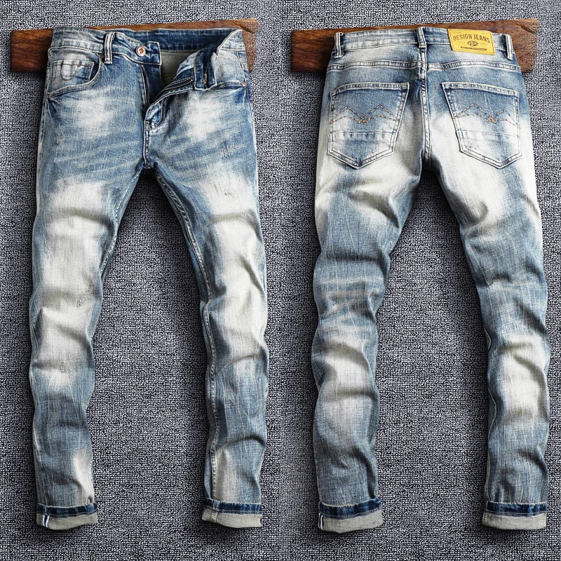 Italian Style Fashion Men Jeans Retro Light Gray Blue Elastic Slim Ripped Jeans Men Vintage Designer Casual Denim Pants Hombre