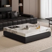 Nouvelle table basse italienne minimaliste 2026 en dalle de roche, motif marbre carré, luxe léger, mobilier moderne et simple pour salon 1