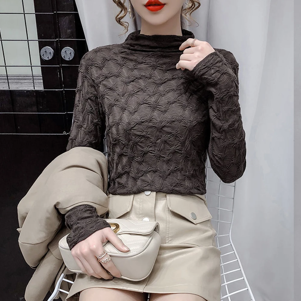 

Women Knitted Wave Cut T Shirts Stretch Bottoming Shirt Turtleneck Long Sleeve Top Pullovers Jumpers Blue Black Fashion Clothes