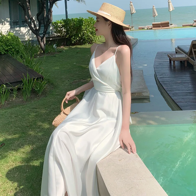 

Beach Dress Seaside Sexy Backless Holiday Dress Long Skirt Slimming Satin Slip Dress for Summer Women Casual Maxi Skirt Bodycon