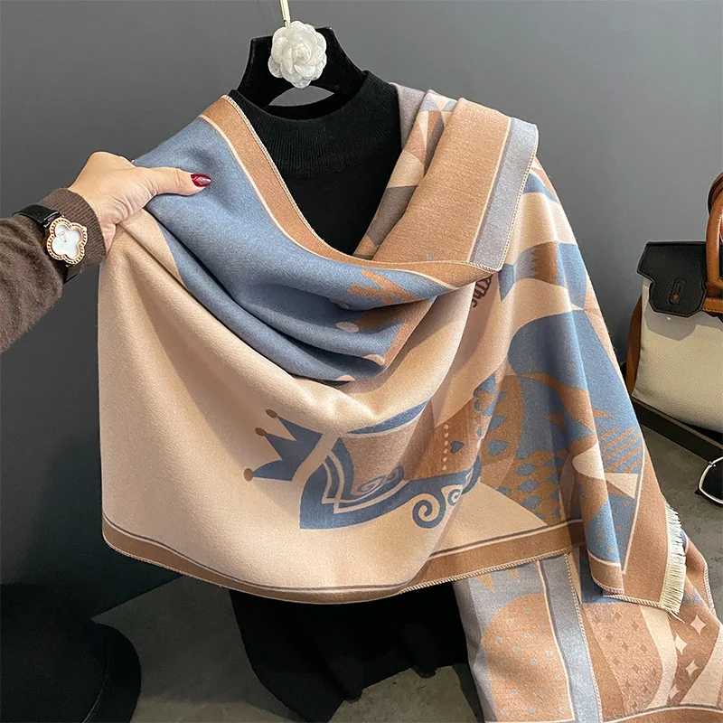 2022 Winter Print Cashmere Scarf Women Warm Thick Wool Shawl