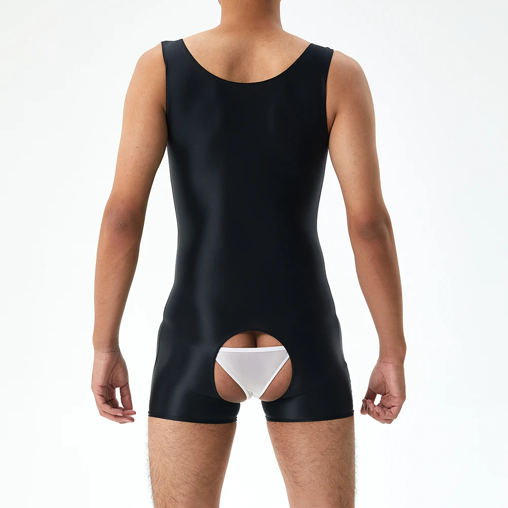 Sexy Mens Classic Glossy Crotchless Sleeveless Slight Strech Erotic Shorts Seamless Jumpsuits Comfortable Bodysuit Underwear