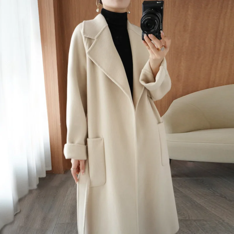 Double-Sided Cashmere Coat for Women, Long Loose Overcoat, Lace-Up Jacket, Female Outwear, 100% Wool, Autumn, Winter, New, 2023