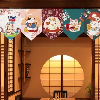 행운의 고양이 만화 커튼, 일본 짧은 문짝 커튼, 주방 파티션, 하프 커튼, 거실 홈 장식 상품 이미지