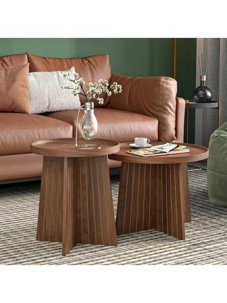Round Coffee Table Set of 2 Mid Century Modern Fluted Nesting Coffee Table Center Tables Small Round Wood Coffee Table S 5
