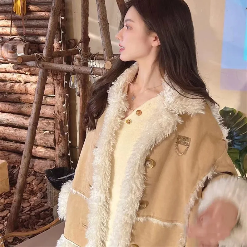 2023 Winter New Women Temperament Faux Fur Coat Lamb Fur Integrated Jacket Loose Casual Warm Outwear Fashion All-Match Outwear