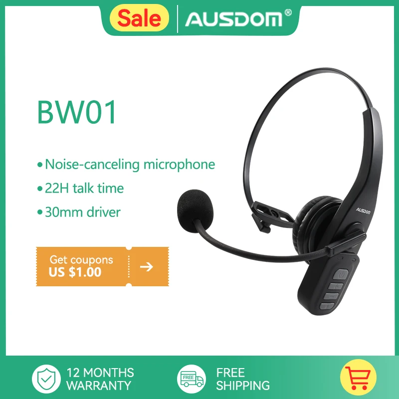 Ausdom Bw01 Cuffie Telefoniche Wireless Bluetooth 5.0 Con Microfono A Cancellazione Di Rumore 22H Tempo Di Conversazione Per Call Center Pc Phone