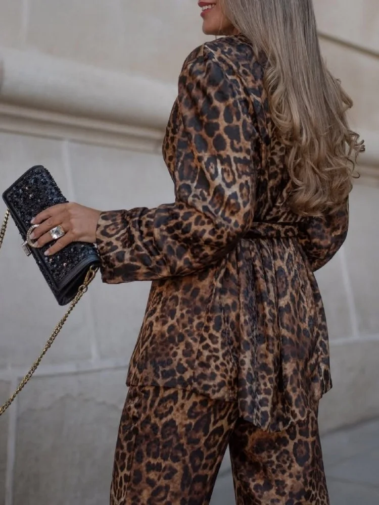 Wmstar Two Piece Sets Wholesale New Leopard Print Lapel Blazer High Waist Wide Leg Trousers and A Fashionable Matching Suit