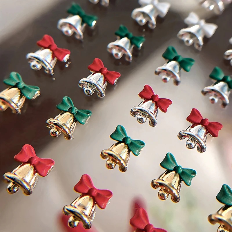 5PCS Christmas Alloy Nail Charms 3D Flat Back Bow Bell Rhinestones Colored Mini Jewelry DIY Nail Art Festive Manicure Decoration
