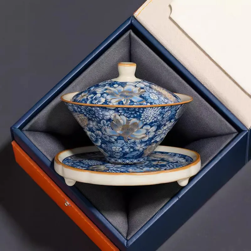 Ceramic Ru Kiln Gold Million Flower Hat Three Cover Bowl Teacup Home High-end Tea Bowl Large Not Hot Tea Set