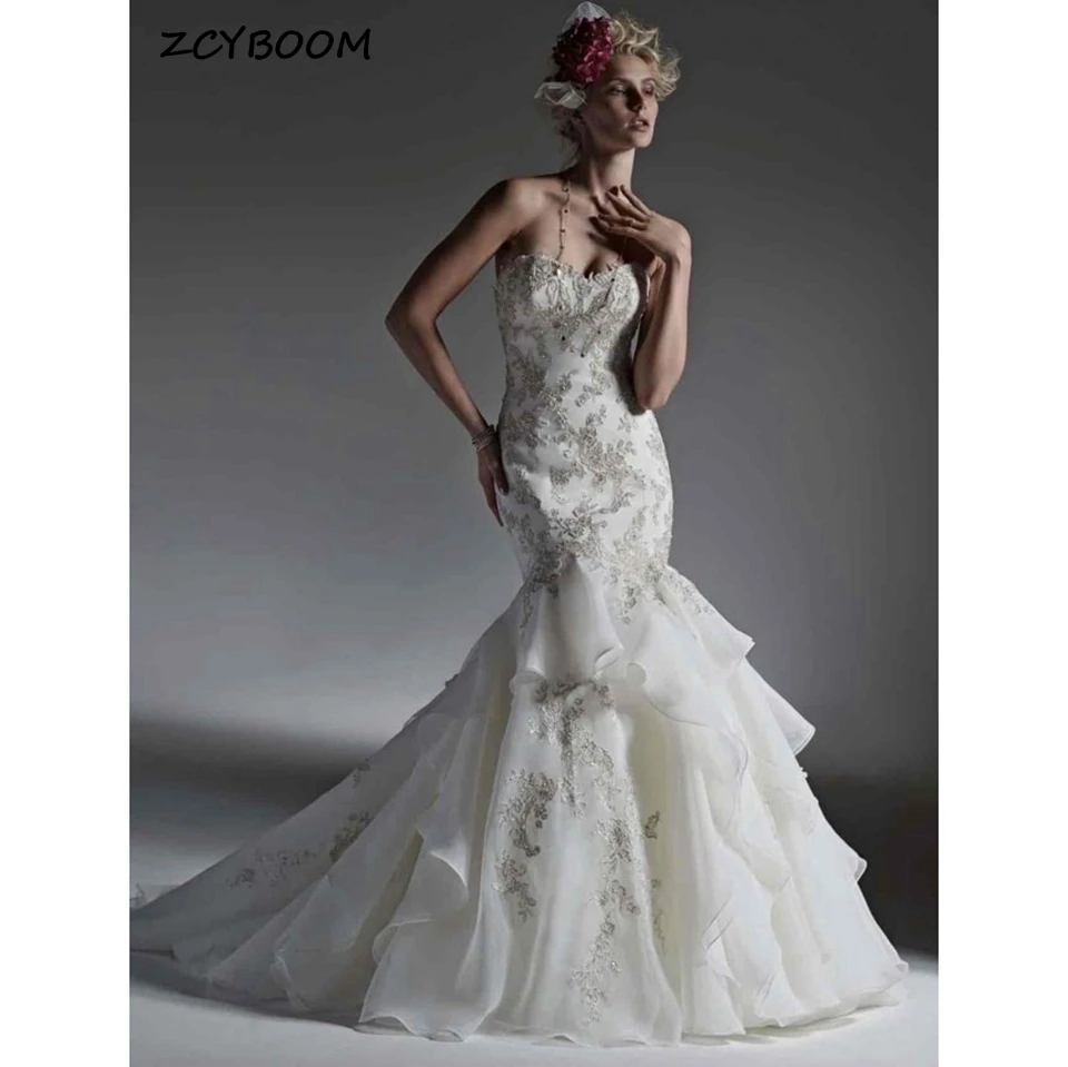 

Elegant Strapless Appliques Sleeveless Wedding Dresses 2023 Mermaid Floor Length Sweep Train Zipper Custom Made Bridal Gown