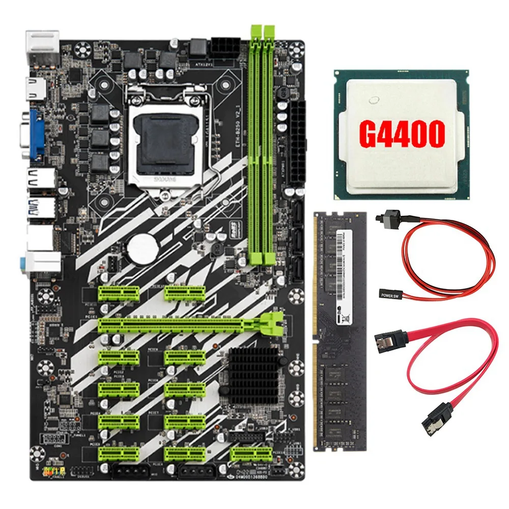 Scheda Madre B250 Btc Mining Con 4400Cpu + 8G Ddr4 Ram + Cavo Sata + Cavo Switch 12 Slot Pci-E Lga1151 Ddr4 Ram Sata3.0