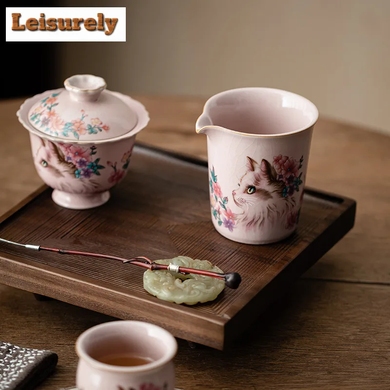 220ml Pink Ru Kiln Flower Cat Tea Pitcher Tea Divider Cha Hai Dispenser Household Justice Cup Fair Mug Drinkware Accessories