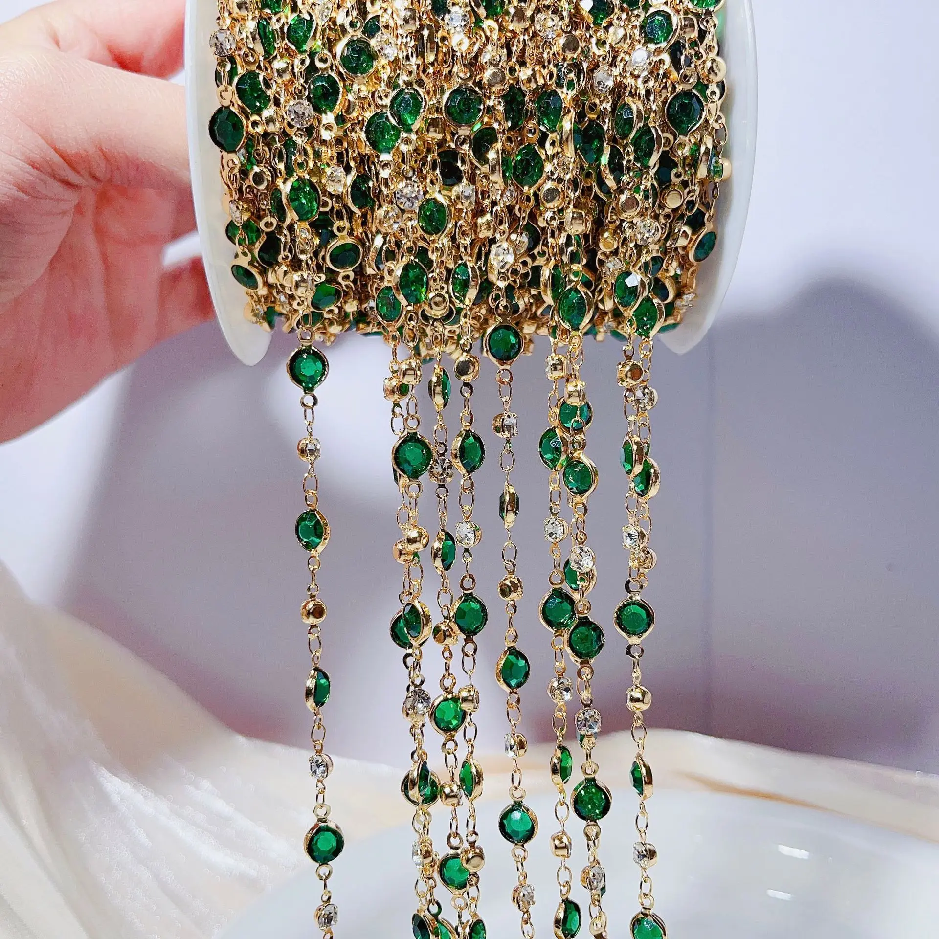 1meterDarkGreenCrystalBeadsChainsGlassKCGoldColorChainfor