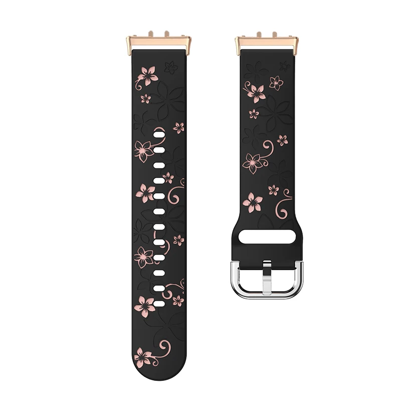 Floral Engraved Watch Band with Silver Rose Gold Metal Connector - Women's Replacement Wristband