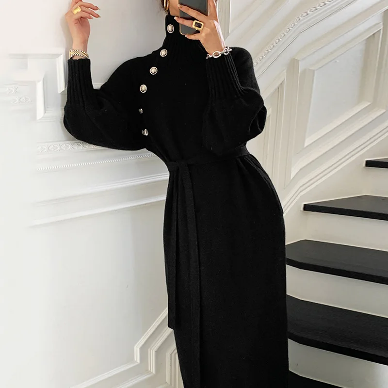 

New Autumn Winter 2023 Vintage High Collar Chic Button Woolen Dress Lace Up Waist Knitted Belt Elegent Long Sleeve Casual Loose