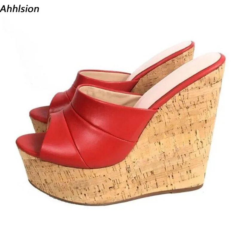 

Ahhlsion High Quality Women Mules Sandals Wedges High Heels Peep Toe Pretty Red Blue Party Shoes Ladies US Plus Size 5-20