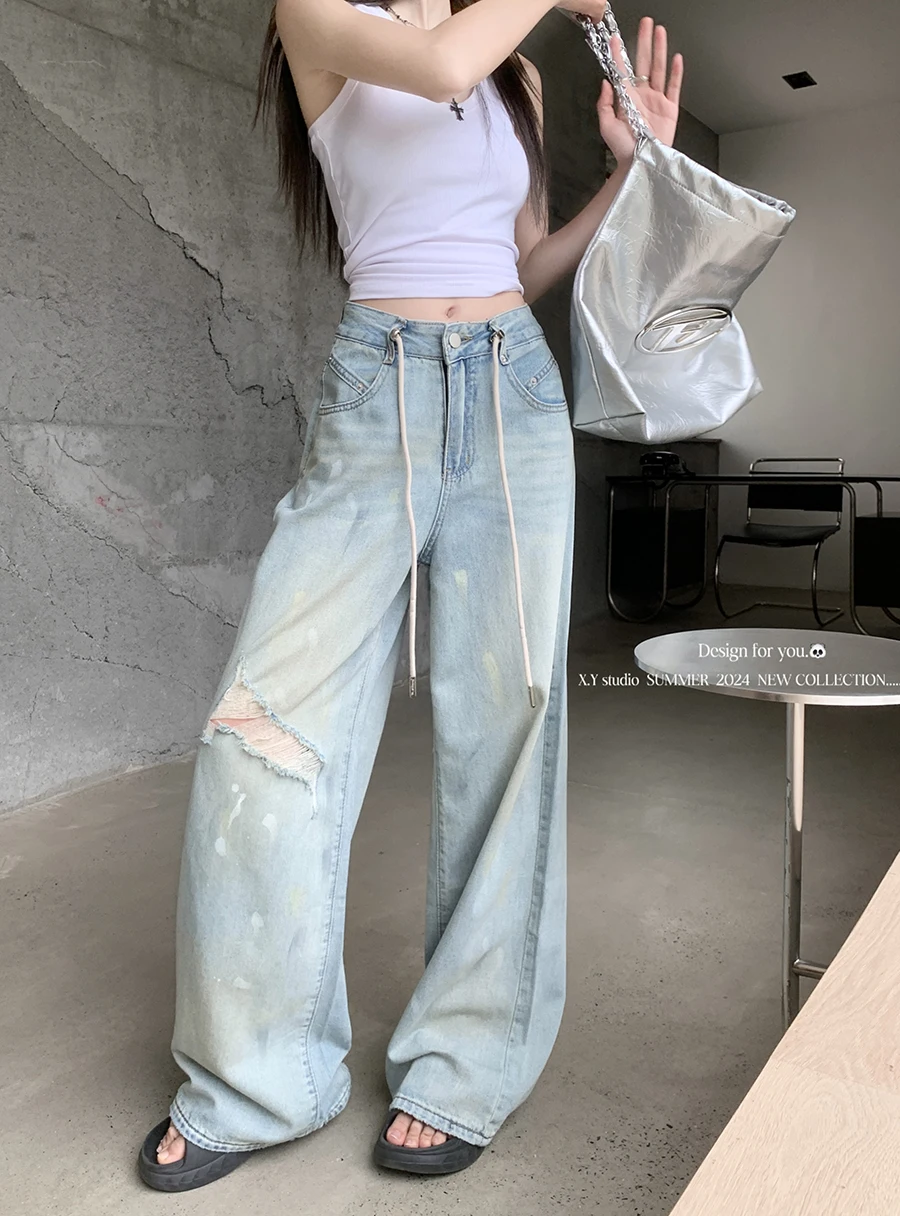 

Benuynffy Streetwear Hip Hop Graffiti Ripped Jeans Women's Y2k Fashion Loose High-waisted Washed Straight Wide-leg Trousers