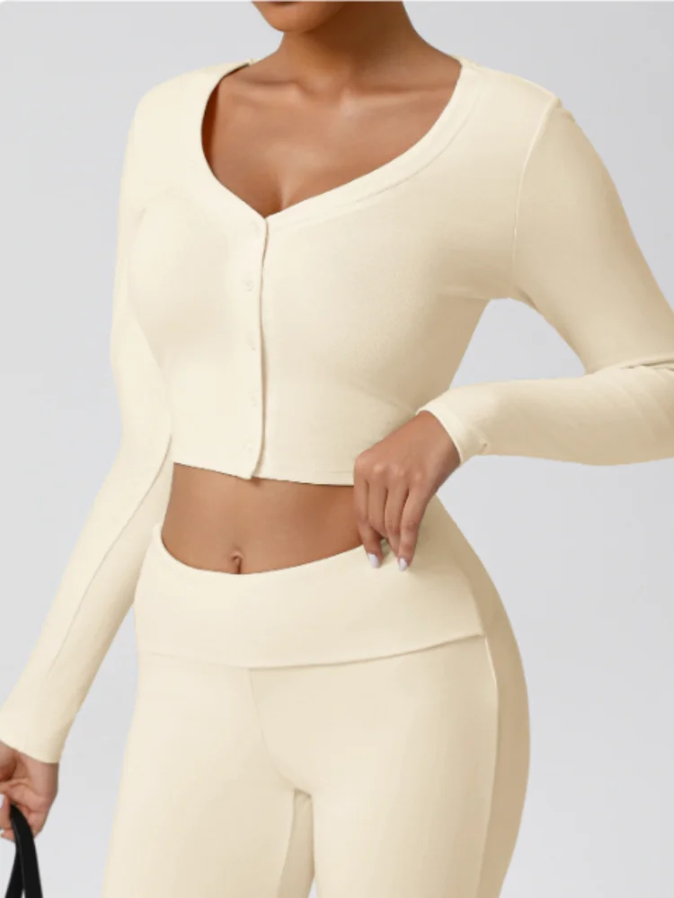 새로운 스레드 V넥 요가 셔츠 여성 단색 긴팔 버튼 스포츠 가디건 아우터 슬림핏 운동 러닝 티셔츠 탑