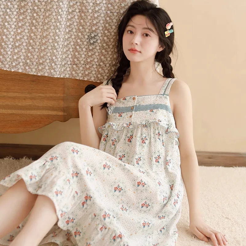 

Sweet Floral Sleeveless Cotton Sleepwear For Women Summer Elegant Princess Nightgowns Loose Sexy Nightwear