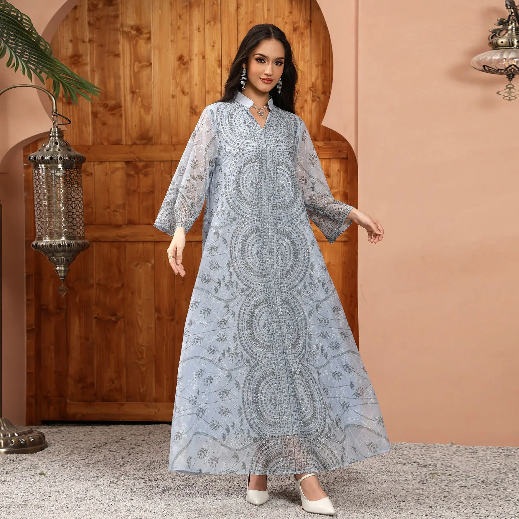 جلابية مطرزة بالزهور عادية منقوشة جلابية حجر الراي...