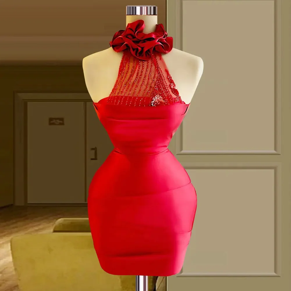 

Простое короткое красное платье для выпускного вечера с воротником-стойкой 2024, атласные мини-платья-русалки, вечерние платья, коктейльные платья для выпускного вечера, платья
