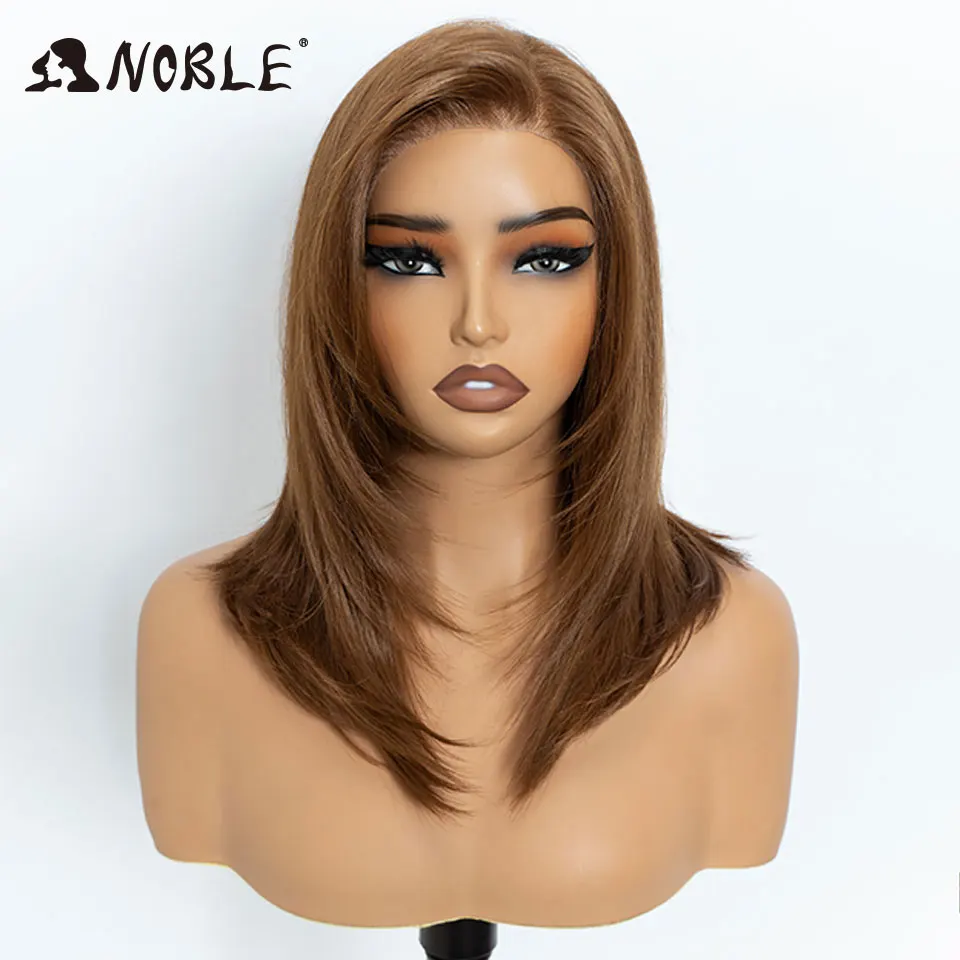 Noble Synthetic Lace Front Wig 13X3 Free Part Pre Plucked Bob Wig 16" Straight Layered Ombre Brown Frontal Lace Wigs For Women