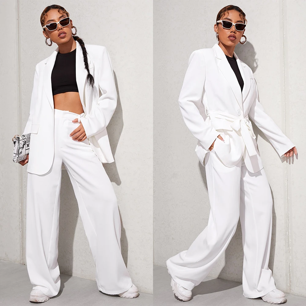 

White 2 Pieces Modern Women Suits With Belt Blazer Wide Leg Pants Formal Work Wear Mother Of The Bride Work Wear Tailored