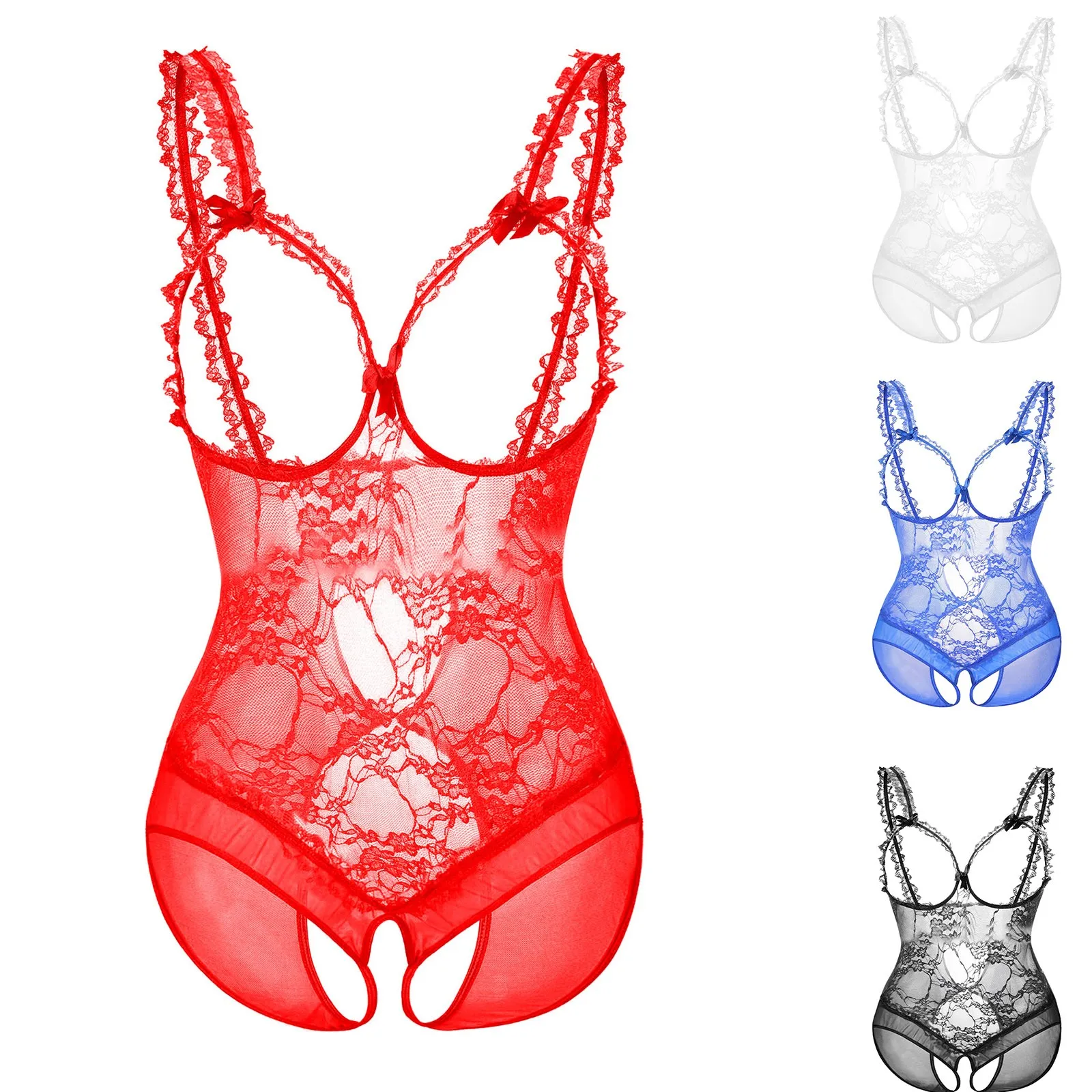 Women's Fun Underwear Lace Open Crotch Dew Breast See Through Sexy Bodysuit Underwear Sleeping Women Night Shirt Rose Satin