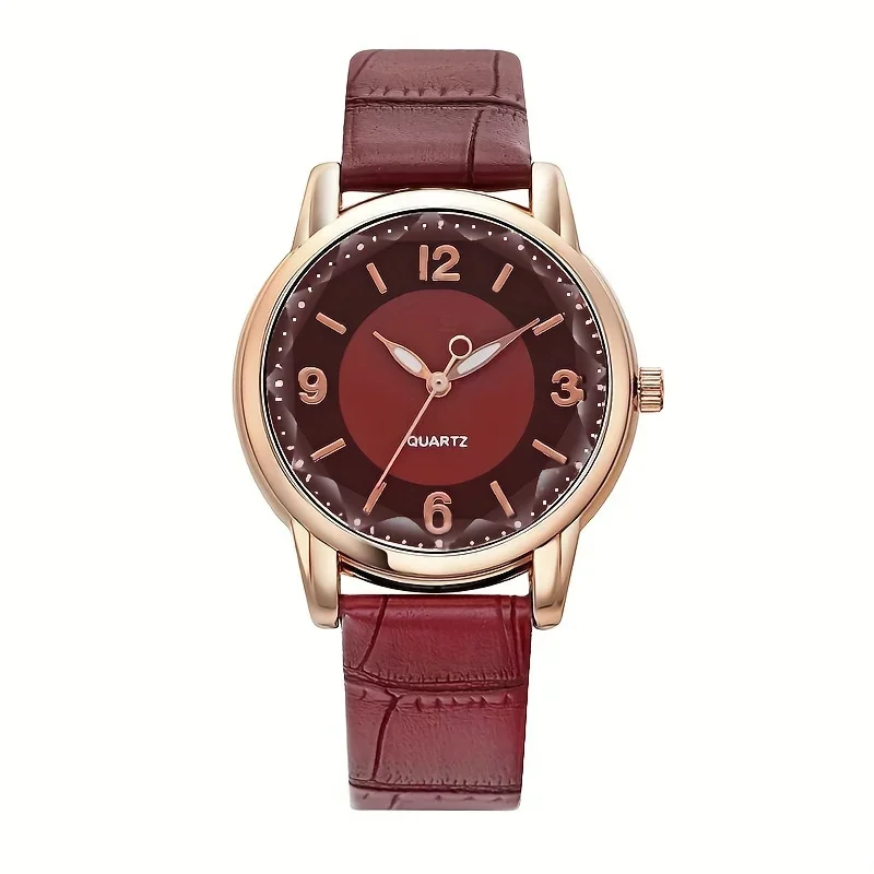 Women's Luxury Leather Strap Quartz Watch with Polygon Glass Dial