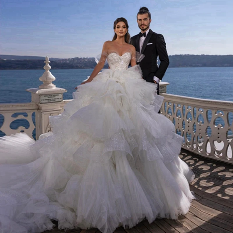 

Extra Fluffy Pleated Mesh Wedding Ball Gowns Off The Shoulder Beaded Crystals Dubai Bridal Dress Shiny Tulle Bridal Gowns