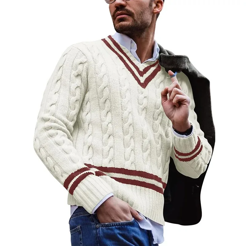 Men Sweater V-neck Striped Color Blocking for Autumn and Winter