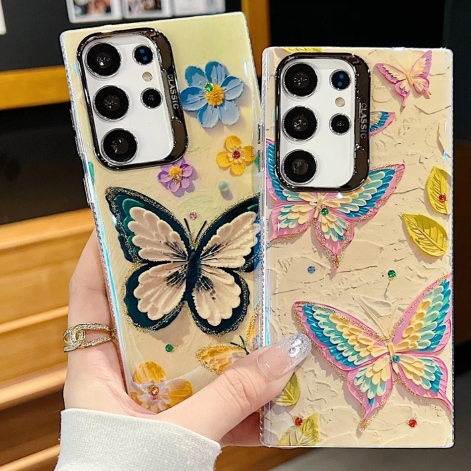 High Quality Glitter Butterfly Flower Hard Case For Samsung Galaxy A55 A35 A54 A34 A25 A15 S23 S24 Ultra S25 Plus Protector Cover_voghion.com