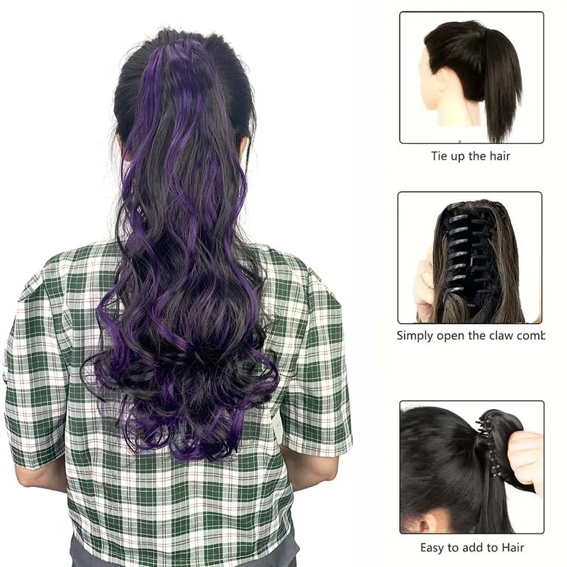 20Inch Synthetic Long Curly Wave Colorfull Ponytail Big Claw CLawed On Ponytail Fluffy Colorfull Easy Wear For Women