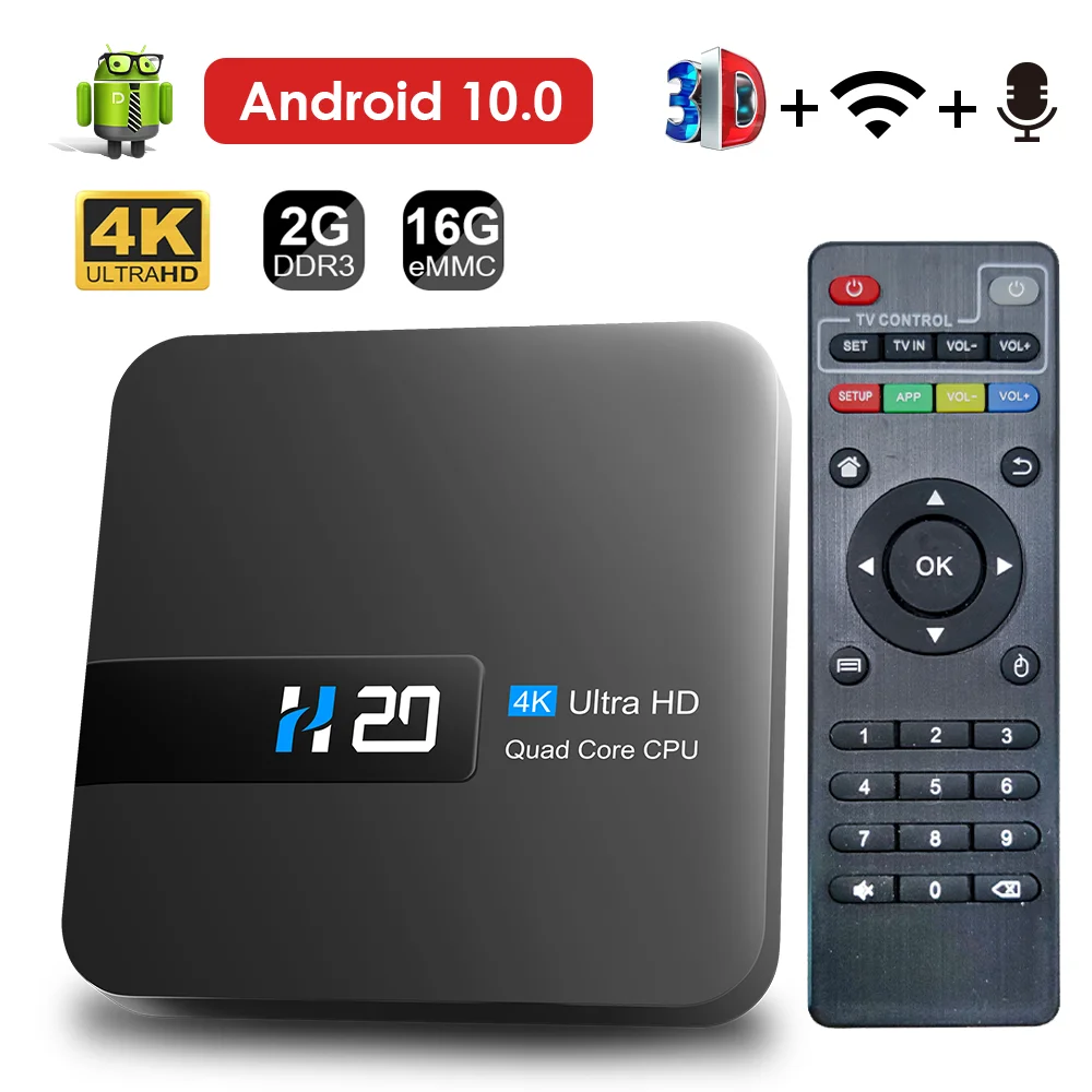 Boîtier Smart TV H20 Android 10.0, 2 Go/16 Go, 4K/HD, 3D Play, lecteur