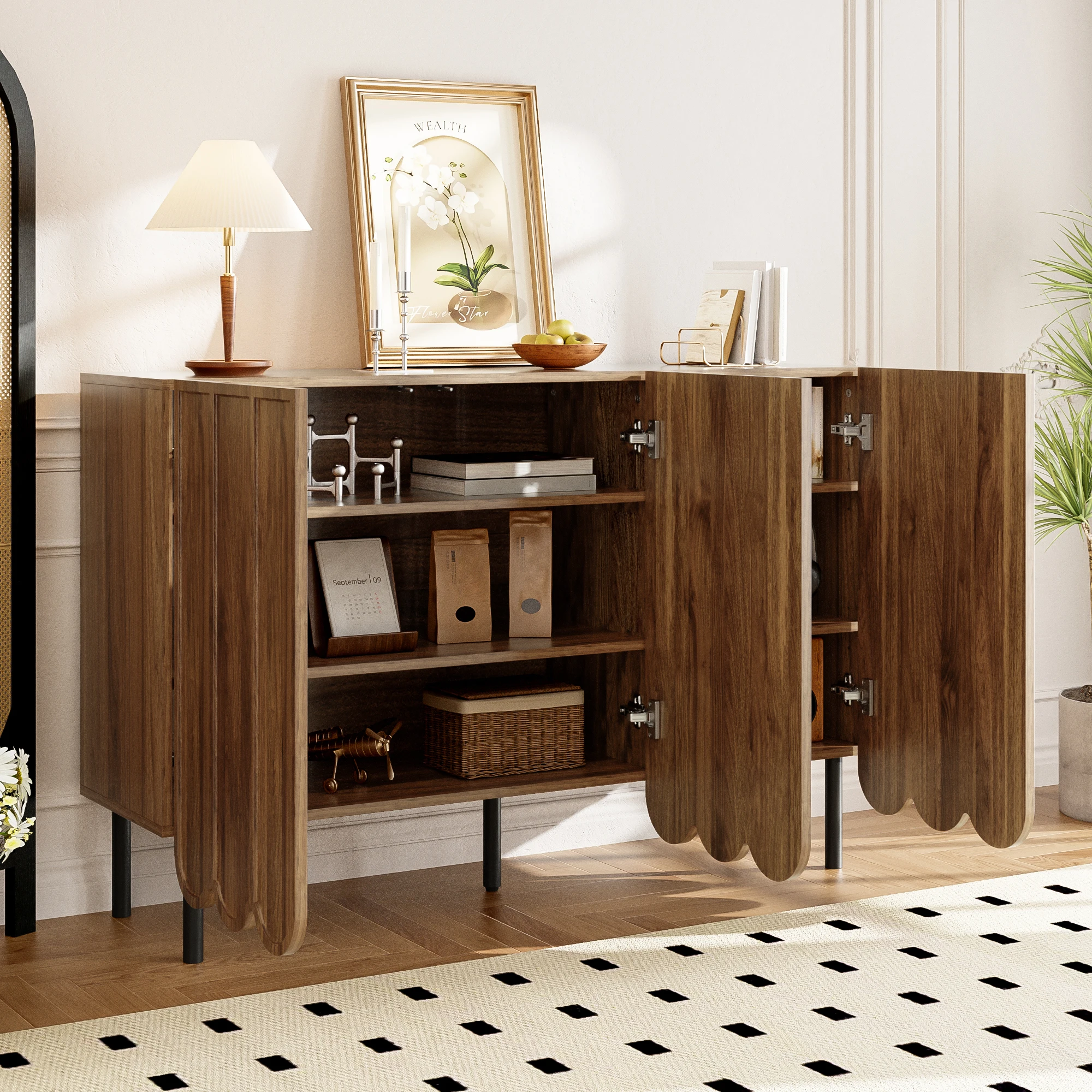 PINGGO Modernes Holz-Sideboard mit Schwingtüren Grifflose Verstellbare Regale für Wohnzimmer Flur Esszimmer Aufbewahrung – Detail 6