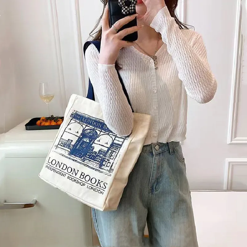 Women Canvas Handbags Shoulder Bag London Books Print Ladies Casual Tote Bag Female Handbag Shopping Bag Student School Bags