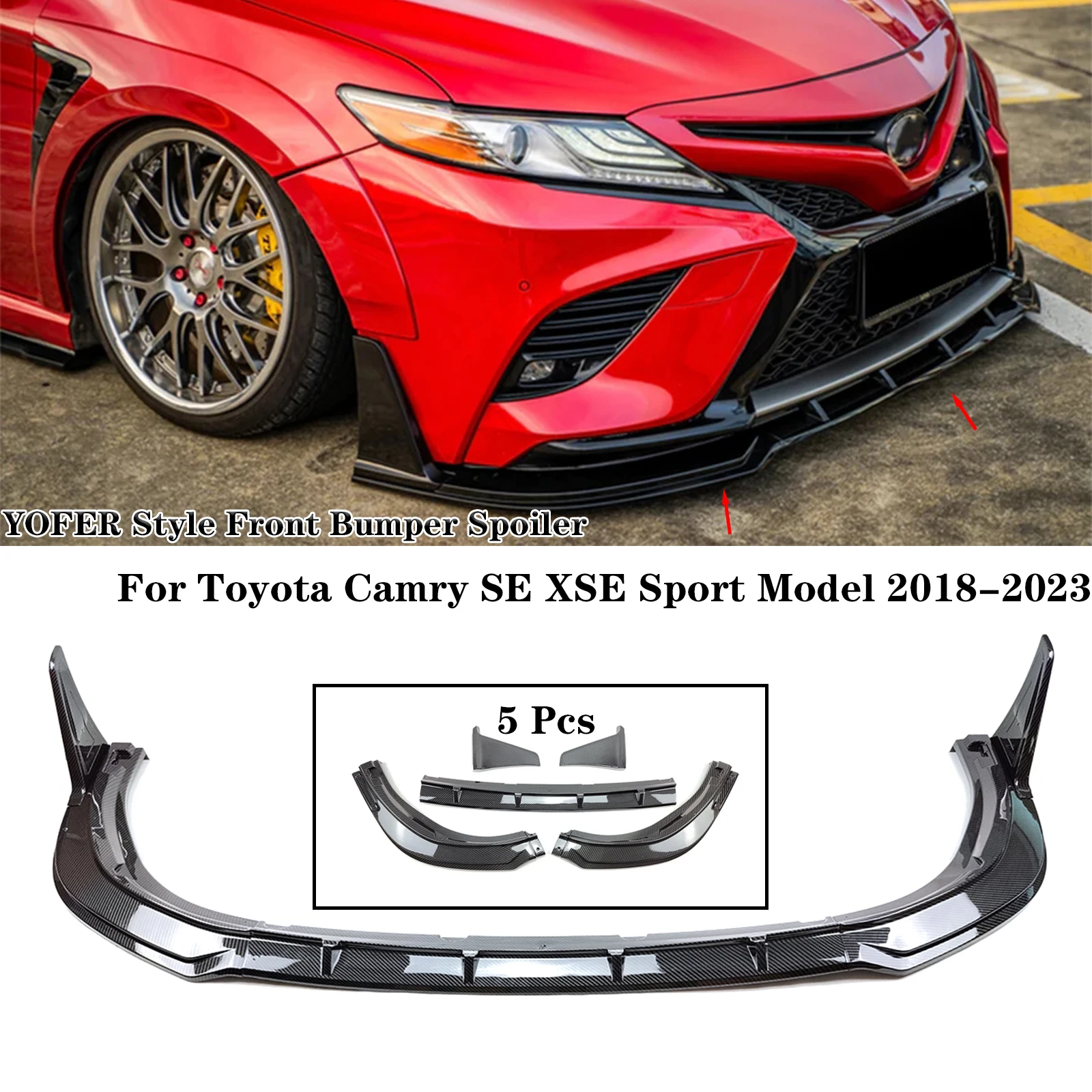

Для Toyota Camry SE XSE 2018-2023, спортивный передний бампер, спойлер, разветвитель губ, стиль YOFER, корпус, глянцевый черный, углеродное волокно