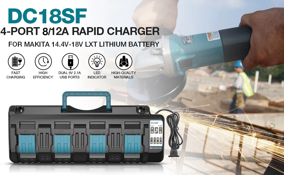 For Makita Battery Charger 4-Port Charger Station with 2 USB-A Ports Simultaneou