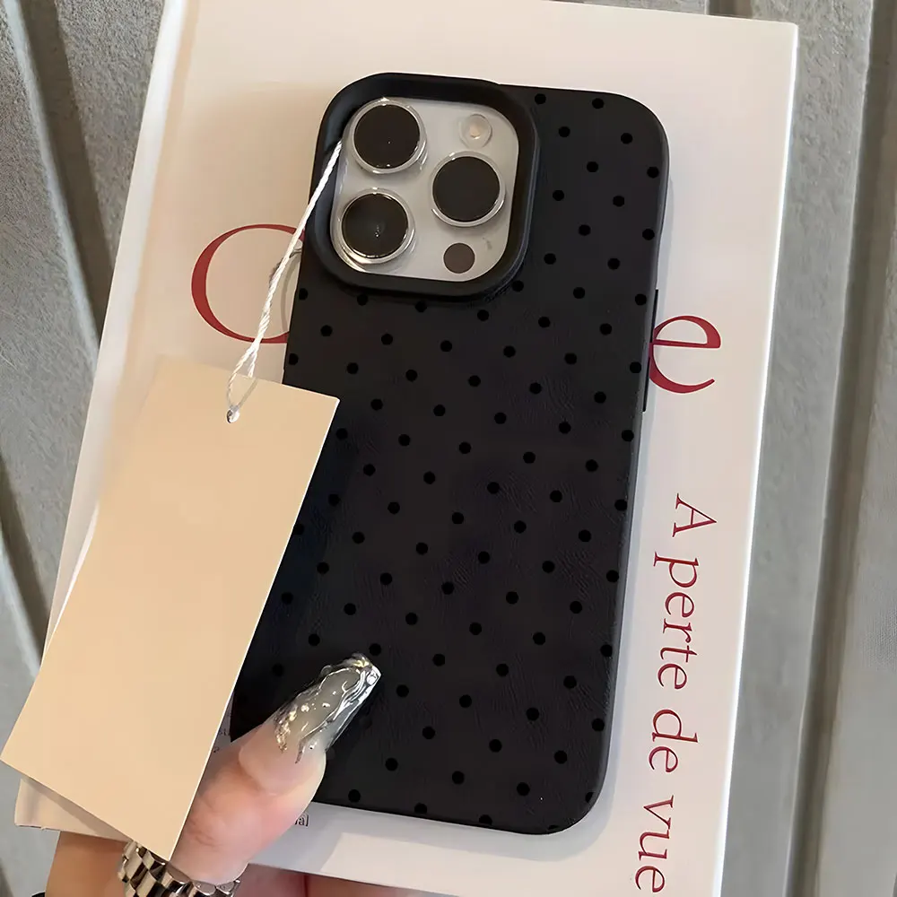 Vintage Black Polka Dot Lychee Soft Phone Case Cover