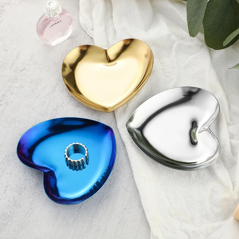 Colorful Metal Stainless Steel Storage Mirror Tray Items Jewelry Display Tray Heart Shape Fruit Plate Small Dessert Dish Decorat