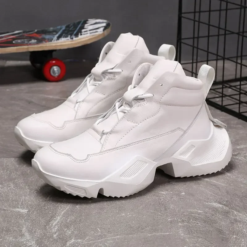 Thick Sole Cowhide Men's Sneakers Casual Personality Fashion Platform Leather Men's Shoes Black  Winter Plush Warm Snow Boots 2