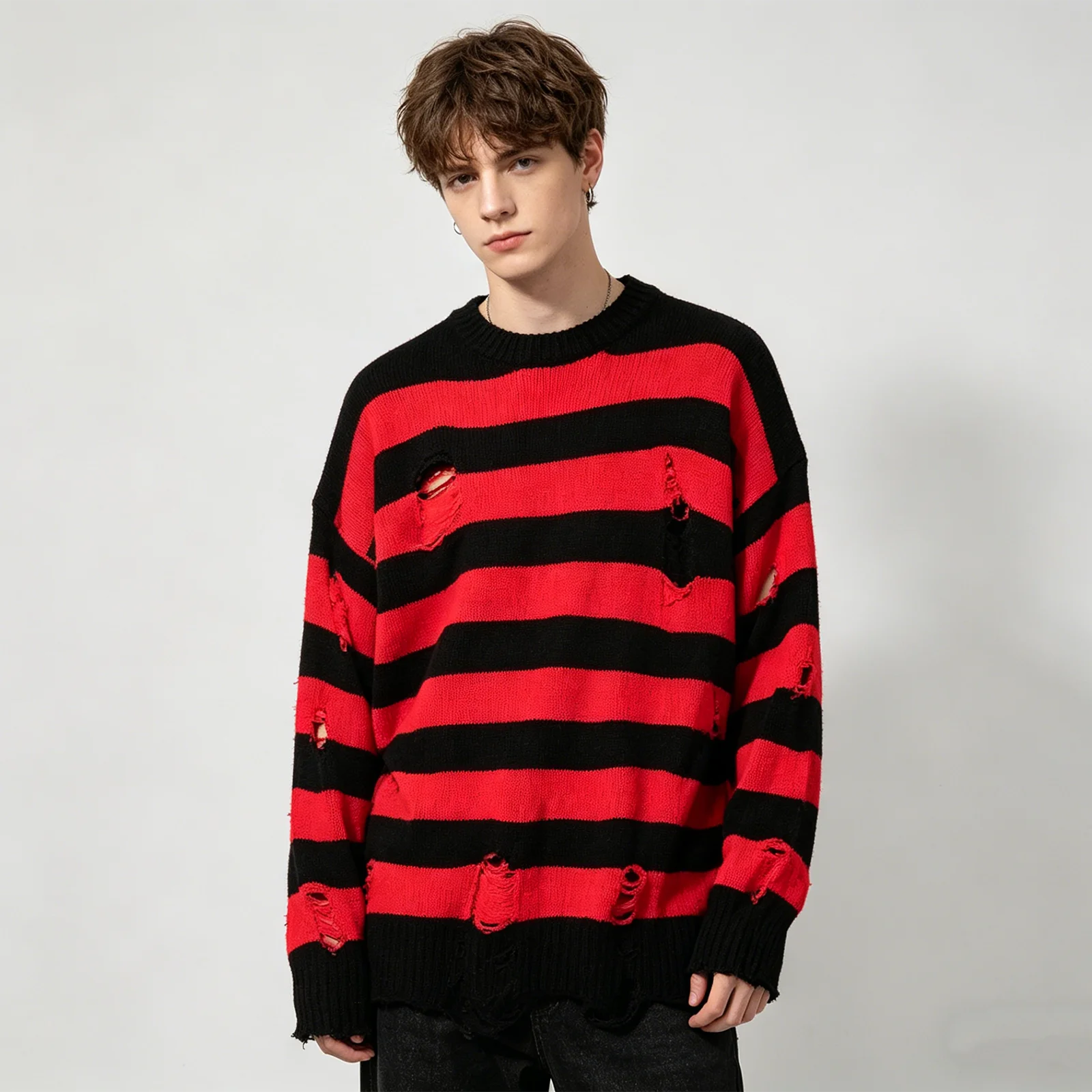 블랙 레드 스트라이프 스웨터 워싱드 디스트로이드 립드 풀오버 스웨터 남성용 여성용 오버사이즈 니트웨어 하라주쿠 2026