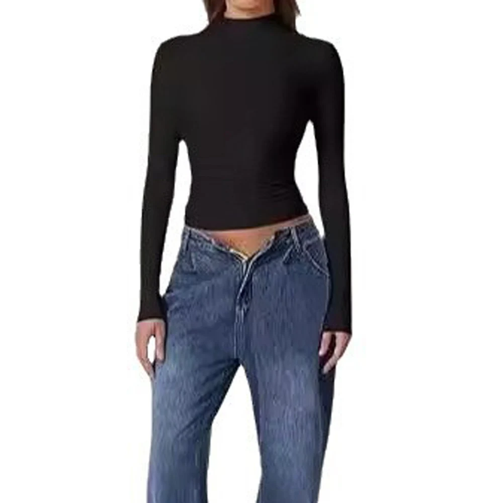 Black Cropped Long Sleeve Y2K T Shirt for Women Summer