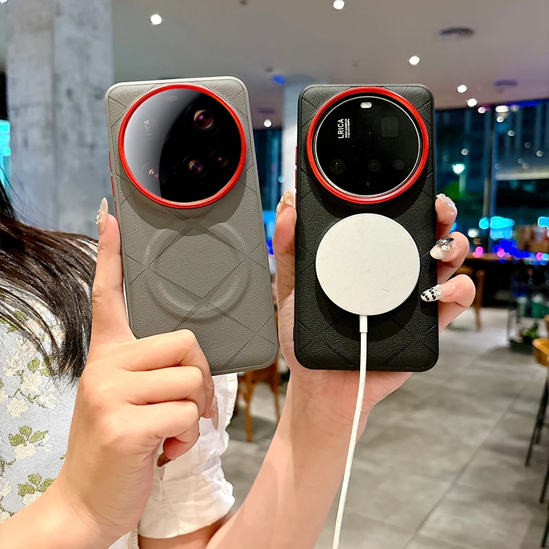 Luxury Leather Magnetic Charging Case with Red Metal Buttons - Shockproof Premium Cover