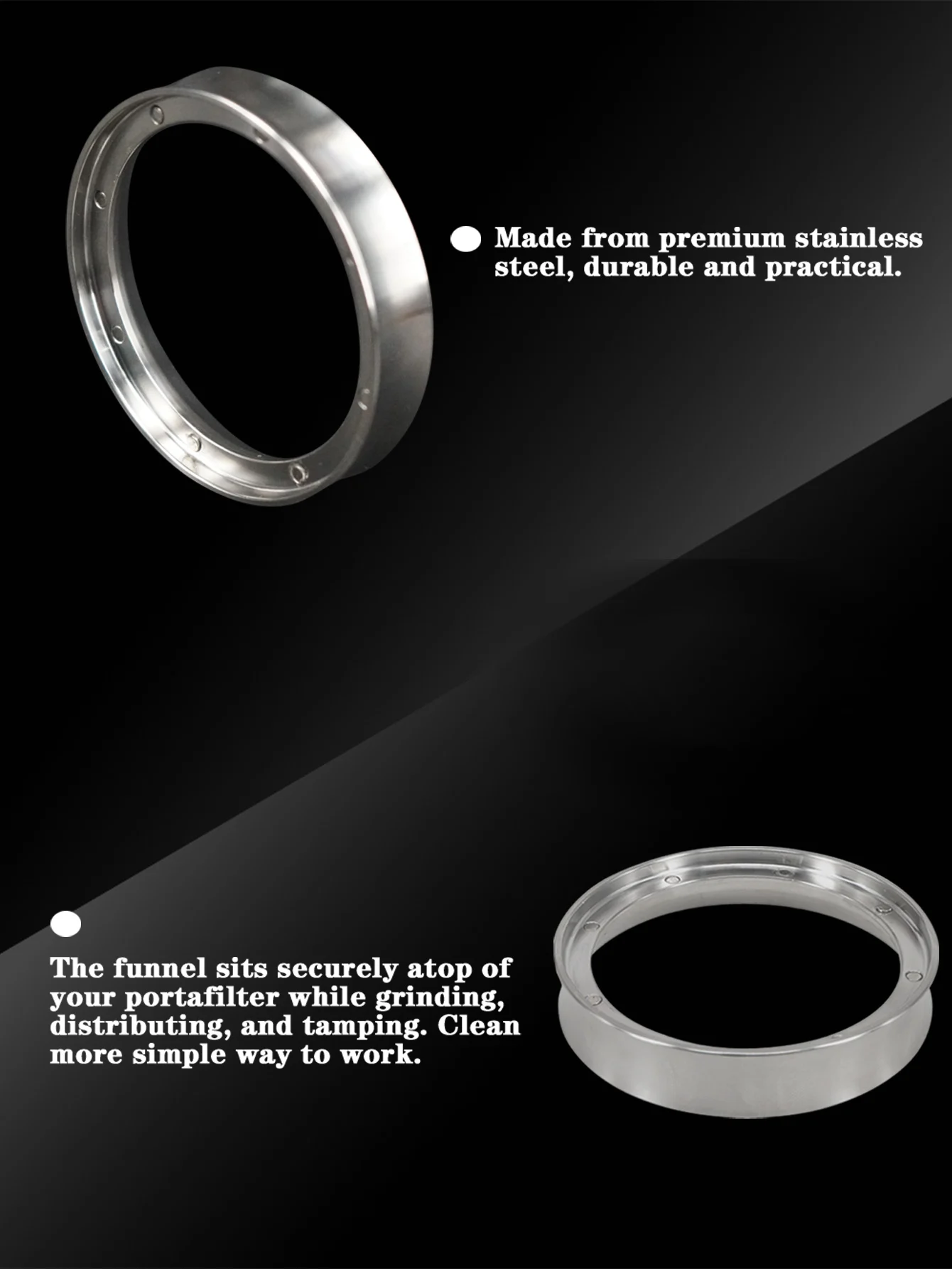 Description Picture 5 of item51/53/57.5/58/58.35mm Stainless Steel Intelligent Dosing Ring Brewing Bowl Coffee Powder For Espresso Barista Funnel Portafilter