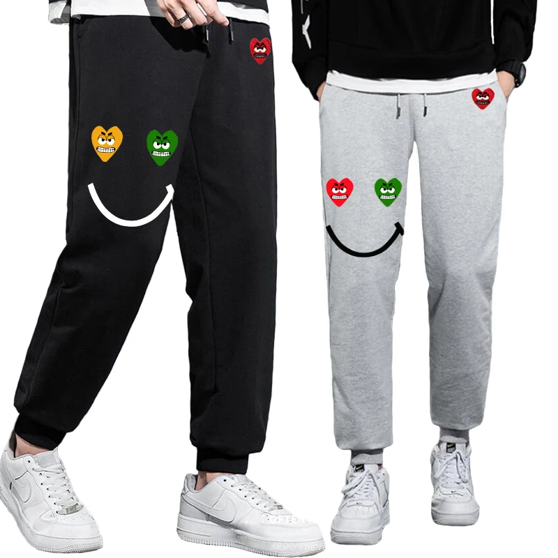 

Men Women Spring Autumn Pants Heart Cartoon Bared Teeth Embroidered Smiling Face Print Cotton Elastic Bind Feet Drawstring Pants